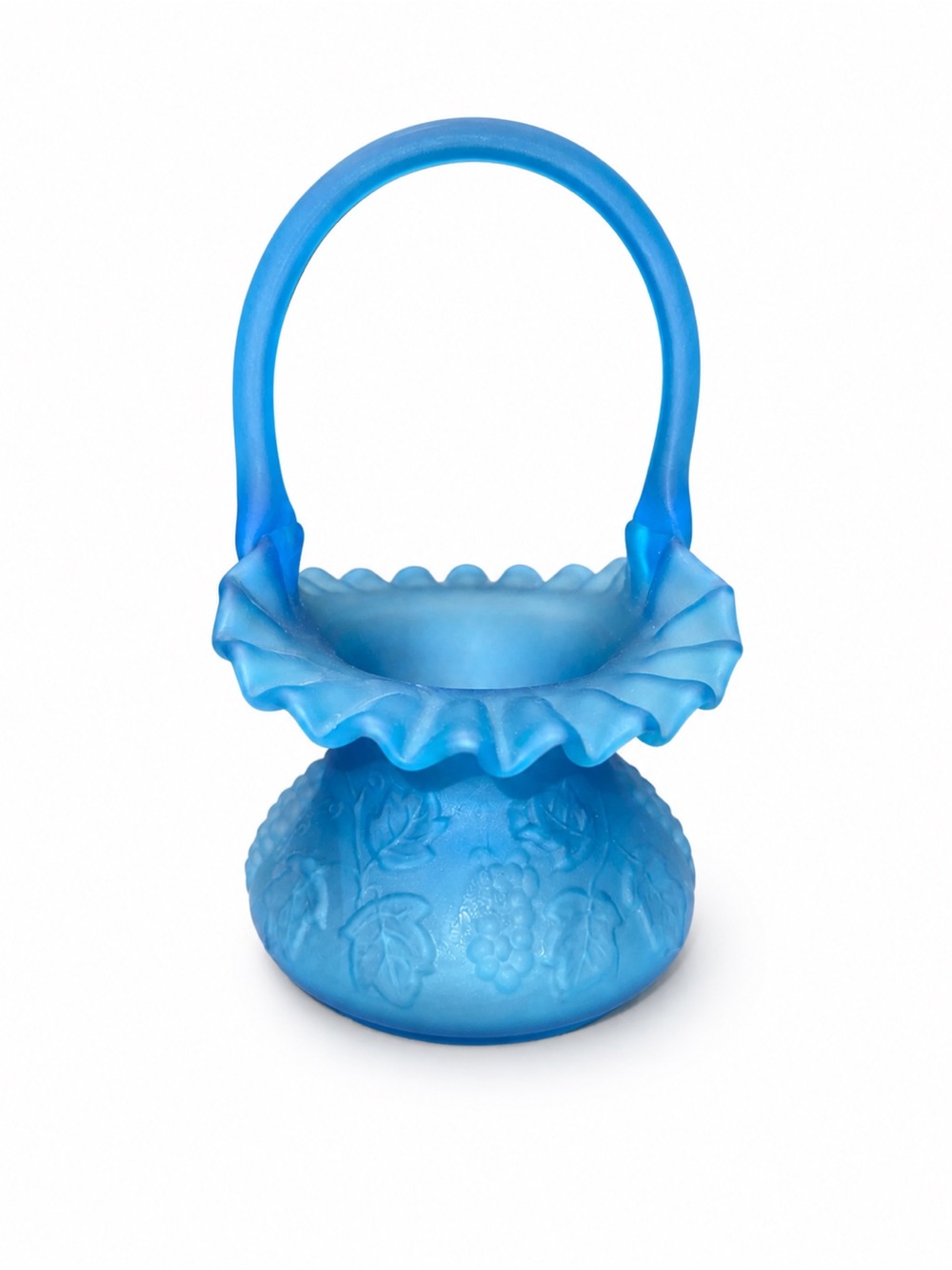 Blue Satin Glass Basket with Ruffled Rim